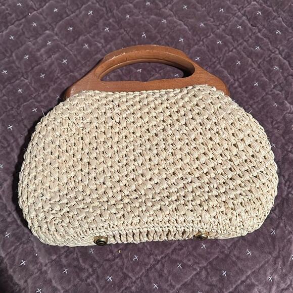 Unbranded Handbags - Vintage Raffia Beige Ivory wood frame clutch purse handbag
